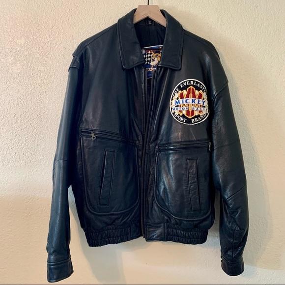 VINTAGE Mickey Mouse Racing Leather Jacket-Large - Picture 1 of 12